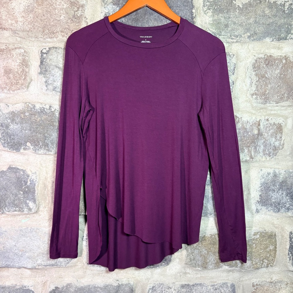 Halogen Women's Small Plum Purple Asymmetric Layered Hem Long Sleeve Top